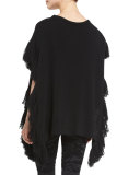 Fringe-Trim Cashmere Poncho, Black
