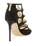 Ren Suede Caged 100mm Sandal, Black/Gold