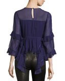 Melodie Tiered Silk Chiffon Top, Indigo