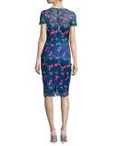 Venice Short-Sleeve Floral Lace Cocktail Dress, Blue/Multicolor