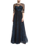 Half-Sleeve Embellished Gown, Black Abusson Blue