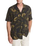 Leaf-Print Short-Sleeve Cabana Shirt, Navy