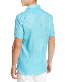 Over-Dyed Linen Short-Sleeve Sport Shirt, Aqua