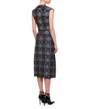 Sleeveless V-Neck Plaid Sheath Dress, Mink Black