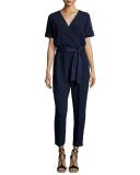 Rumi Short-Sleeve Faux-Wrap Jumpsuit, Blue