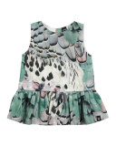Cai Cotton Rooster Feather Dress, Aqua Blue/Multicolor, Size 3-24 Months