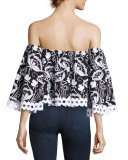 Eden Embroidered Off-the-Shoulder Crop Top, Black/White