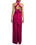 Sleeveless Satin Tie-Back Column Gown, Berry