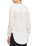 Alma Long-Sleeve Embroidered Silk Blouse, Off White
