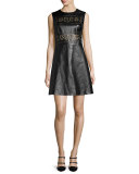 Sleeveless Laser-Cut Leather Dress, Black