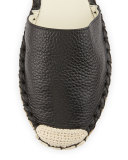 Rockstud Leather Ankle-Wrap Espadrille Flat, Black/Ivory