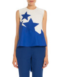 Bold Star-Print High-Low Blouse, Natural White/Blue