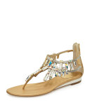 Large-Crystal Flat T-Strap Sandal, Gold