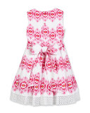 Cotton Ikat Eyelet-Trim Party Dress, Pink, Size 2-14