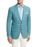 Plaid Two-Button Wool Jacket, Aqua