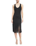 Sleeveless Sheath Dress W/Fringe Trim, Black
