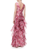 Rose-Print Organza Ruffle Gown
