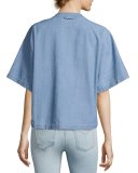 Collarless Boxy Chambray Top, Light Blue