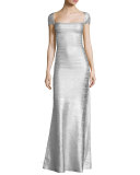 Square-Neck Cap-Sleeve Bandage Gown, Silver Combo