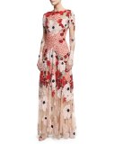 Floral Embroidered Long-Sleeve Gown, Pink/Multicolor
