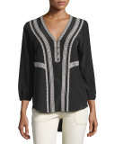Loreto Embroidered Silk Blouse, Black