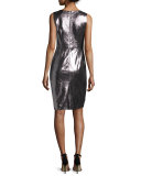 Callie Metallic Leather Sheath Dress, Gunmetal