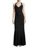 Open-Back Grommet Fit-&-Flare Gown, Black/Combo