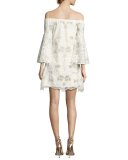 Pia Off-the-Shoulder Floral Lace Cocktail Dress, White/Silver