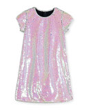 Cap-Sleeve Sequined Shift Dress, Iridescent Silver, Size 4-8