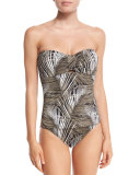 Shadow Fronds Bandeau One-Piece Swimsuit W/Shirring, Black
