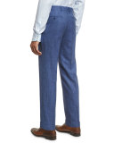 Heathered Solid Flat-Front Trousers, Blue