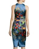 Sleeveless Floral Satin Cocktail Dress, Blue
