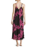 Floral-Print Charmeuse Nightgown, Black/Pink