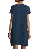 Short-Sleeve Windowpane Shift Dress, Midnight