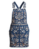 Floral-Embroidered Denim Pinafore Dress, Washed Indigo