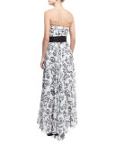 Floral Strapless Asymmetric Gown, White/Black