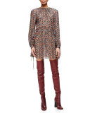 Pleated Floral-Print Tie-Detailed Dress