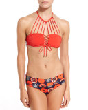 Tangerine Strappy Halter Swim Top, Red