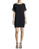 Short-Sleeve Beaded Crepe Mini Dress, Black