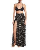 Polka-Dot Slit Maxi Skirt, Black/Cream