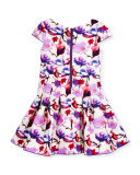 Cap-Sleeve Floral Burnout Scuba Dress, Purple/White, Size 7-16