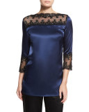 Lace-Trim Liquid Satin Tunic, Ink/Caviar
