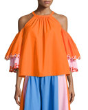 Embroidered Cold-Shoulder Trapeze Blouse