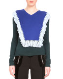 Ming Fringe-Bib Colorblock Sweater, Emerald