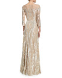 3/4-Sleeve Illusion-Neck Beaded Gown