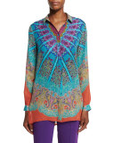 Mandala Printed Silk Tunic, Turquoise/Purple/Orange