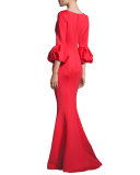 Bubble-Sleeve Crepe Mermaid Gown, Tomato