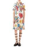 Corsage-Print Cotton Dress, Ivory