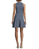 Twist-Neck Fit-and-Flare Dress, Chambray