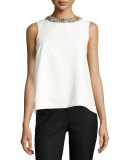 Jeweled-Neck Split-Back Top, White
